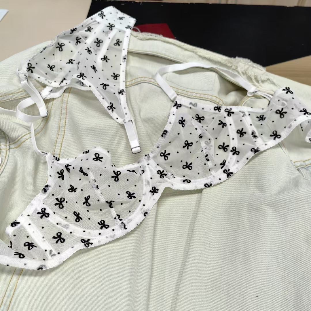 Sexy Lingerie Ultra-thin Sheer Flocked Printed Mesh Large Bust Minimizer Bra Set