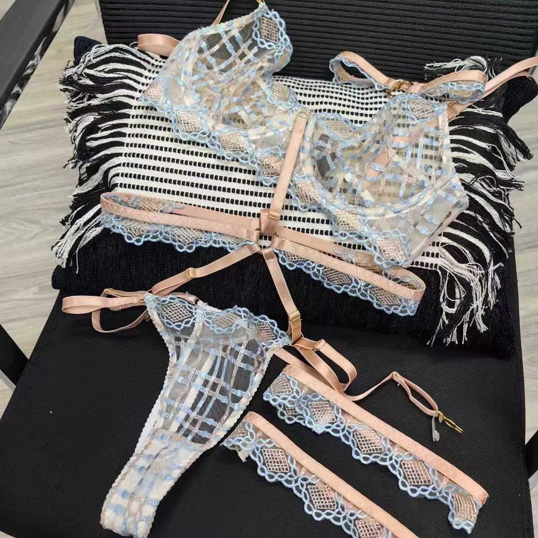 New Sexy Lingerie Ultra-Thin Plaid French Mesh Large Bust Minimizer Thong Five-Piece Set