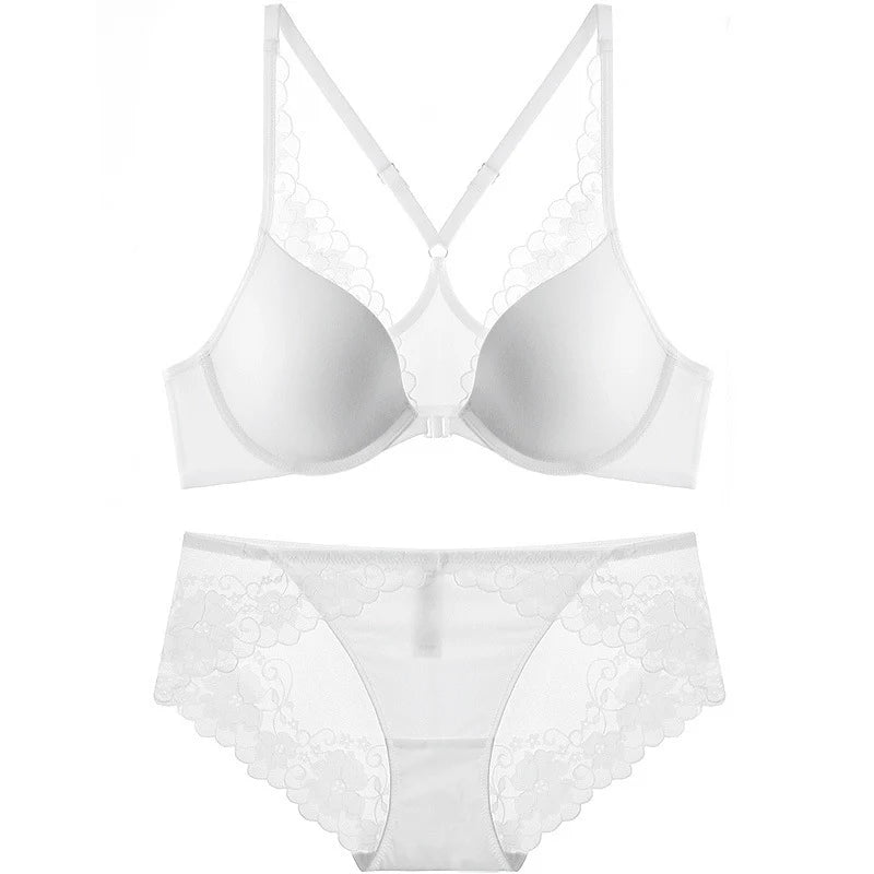 European and American Style Sexy Thin Large Bust Minimizing Plus Size French Glossy Lace Front Buckle Beautiful Back Set