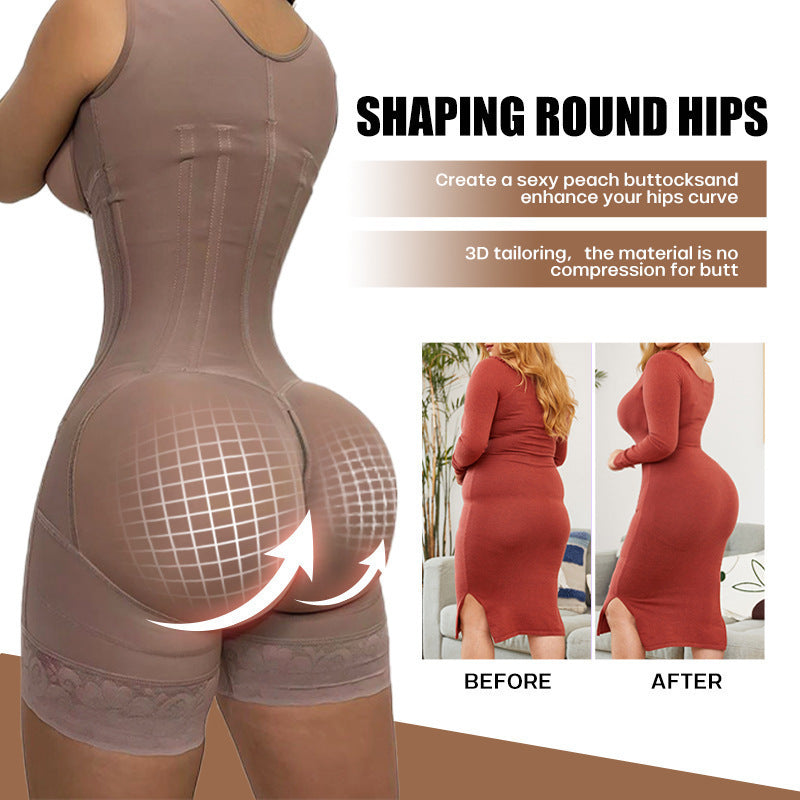 13 bone shaping jumpsuit with zipper button waist, raised hips, and chest