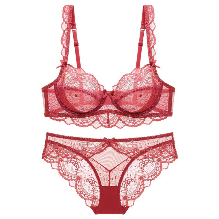 European and American Sexy Lingerie Ultra-thin Hollow Out Large Bust Minimizing Lace Plus Size Bra Set