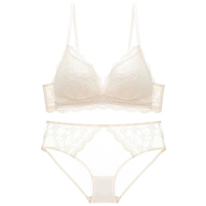 French Style Sexy Lace Thin Triangle Cup Wireless Push-Up Small Chest Lift Set