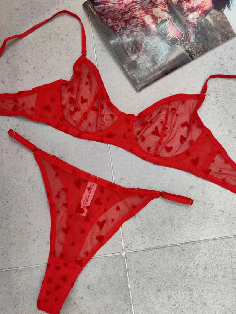 Sexy Lingerie Ultra-Thin Mesh Heart Print Lace Bra Large Bust Minimizer Erotic Lingerie