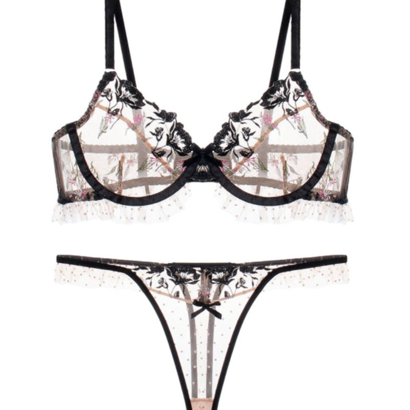 Sexy Lingerie Ultra-Thin See-Through Floral Embroidery Lace Large Bust Minimizer Anti-Sagging Set
