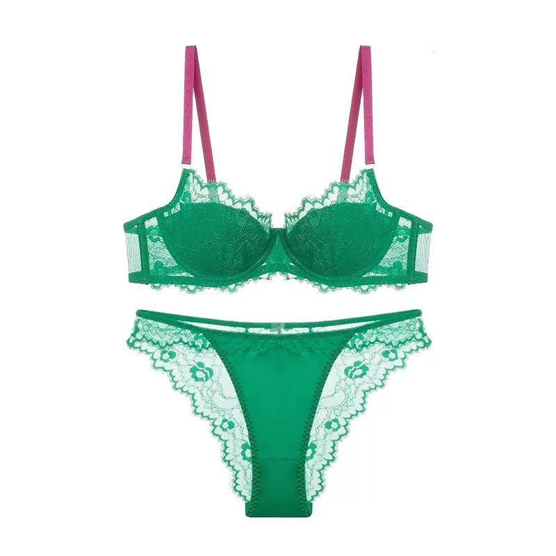 French Style Sexy Thin Dopamine Color-Block Lace Small Chest Enhancing Push-Up Set