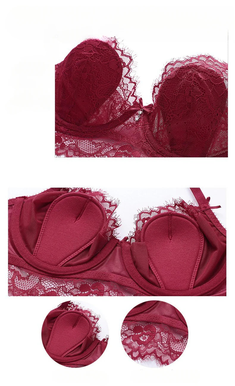 Sexy Eyelash Lace Thin Bunny Ear Cup French Style Large Bust Minimizer Plus Size Bra Set