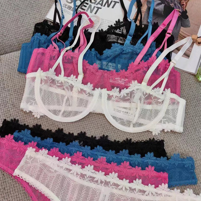 Sexy Lace Lingerie See-through Embroidery Erotic Lingerie Big Chest Minimizer Plus Size Bra Set