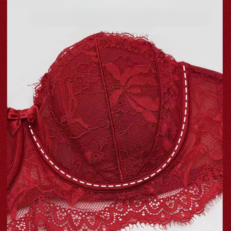 French Style Sexy Lace Half-Cup Strapless Anti-Slip Beautiful Back Large Bust Minimizing Set