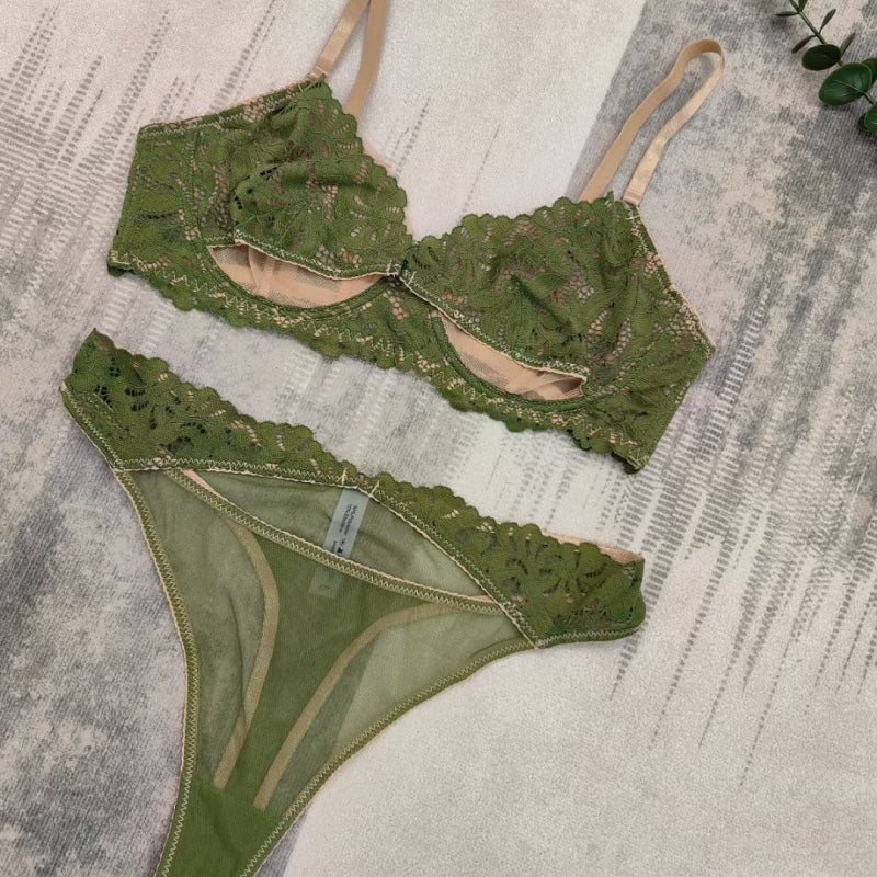 Sexy French Style Ultra-Thin Patchwork Embroidered Lace Large Bust Minimizing Anti-Sagging Summer Set