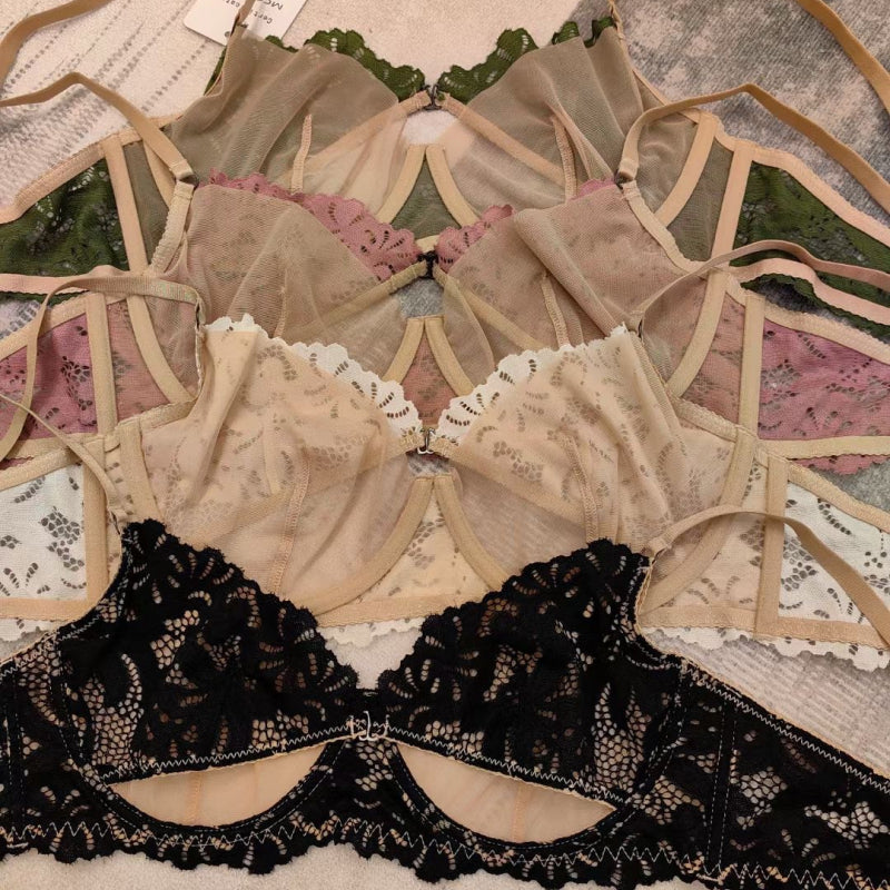 Sexy French Style Ultra-Thin Patchwork Embroidered Lace Large Bust Minimizing Anti-Sagging Summer Set