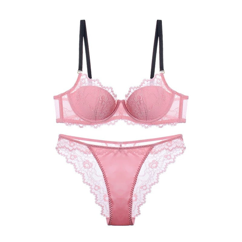 French Style Sexy Thin Dopamine Color-Block Lace Small Chest Enhancing Push-Up Set