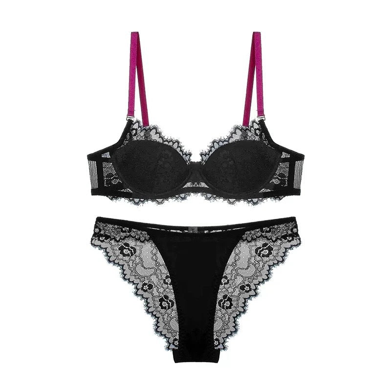 French Style Sexy Thin Dopamine Color-Block Lace Small Chest Enhancing Push-Up Set