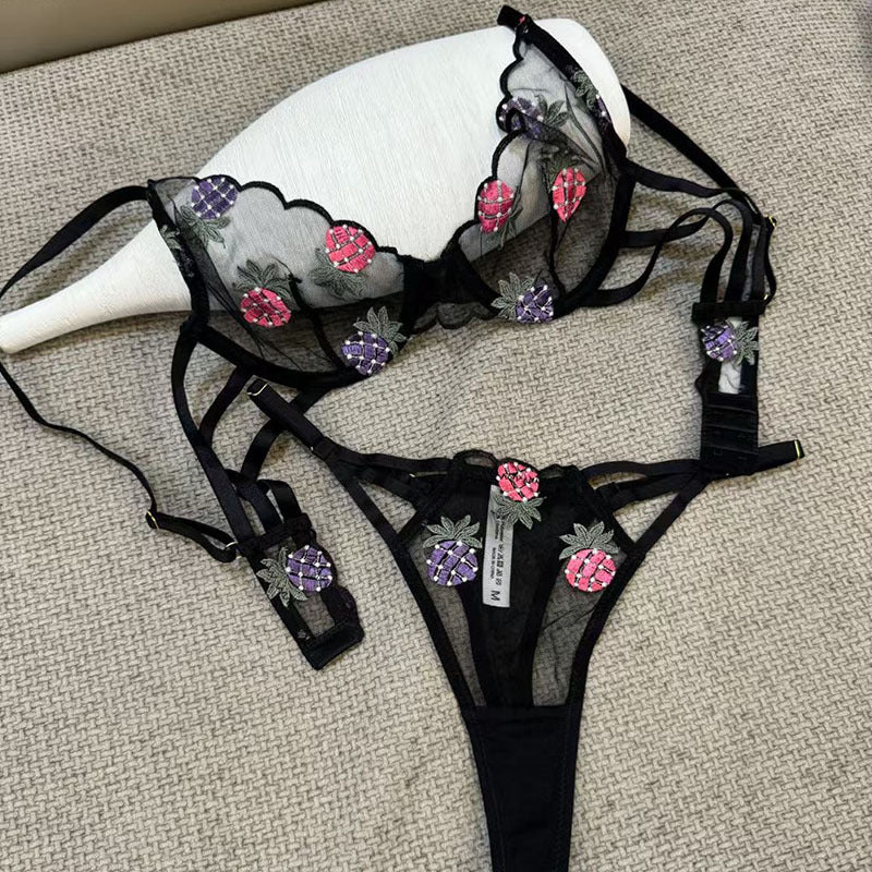 French Style Lingerie Sexy Ultra-Thin Pineapple Embroidery Lace Erotic Lingerie Big Chest Minimizing Anti-Sagging