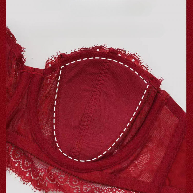 French Style Sexy Lace Half-Cup Strapless Anti-Slip Beautiful Back Large Bust Minimizing Set