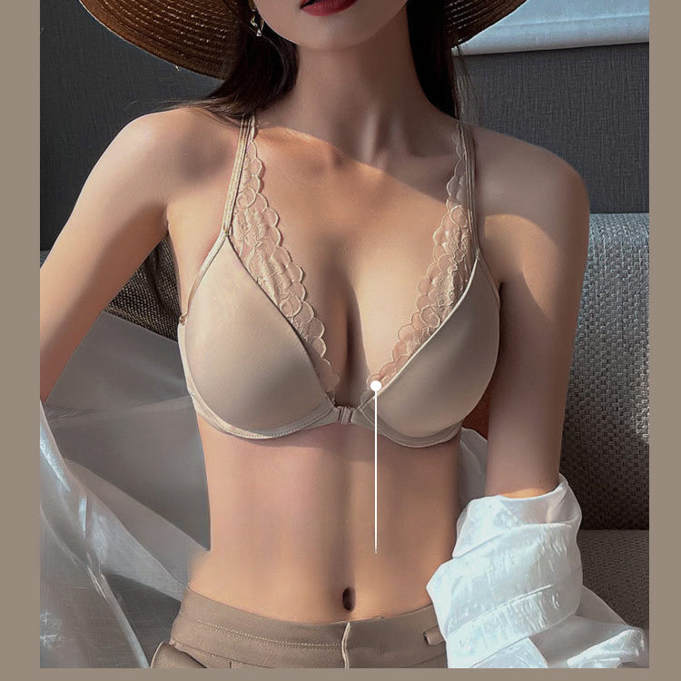 European and American Style Sexy Thin Large Bust Minimizing Plus Size French Glossy Lace Front Buckle Beautiful Back Set