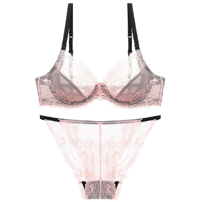French Style Ultra-Thin Transparent Bra for Large Busts, Minimizing Effect, Plus Size, Anti-Sagging, Lift-Up Lace Set