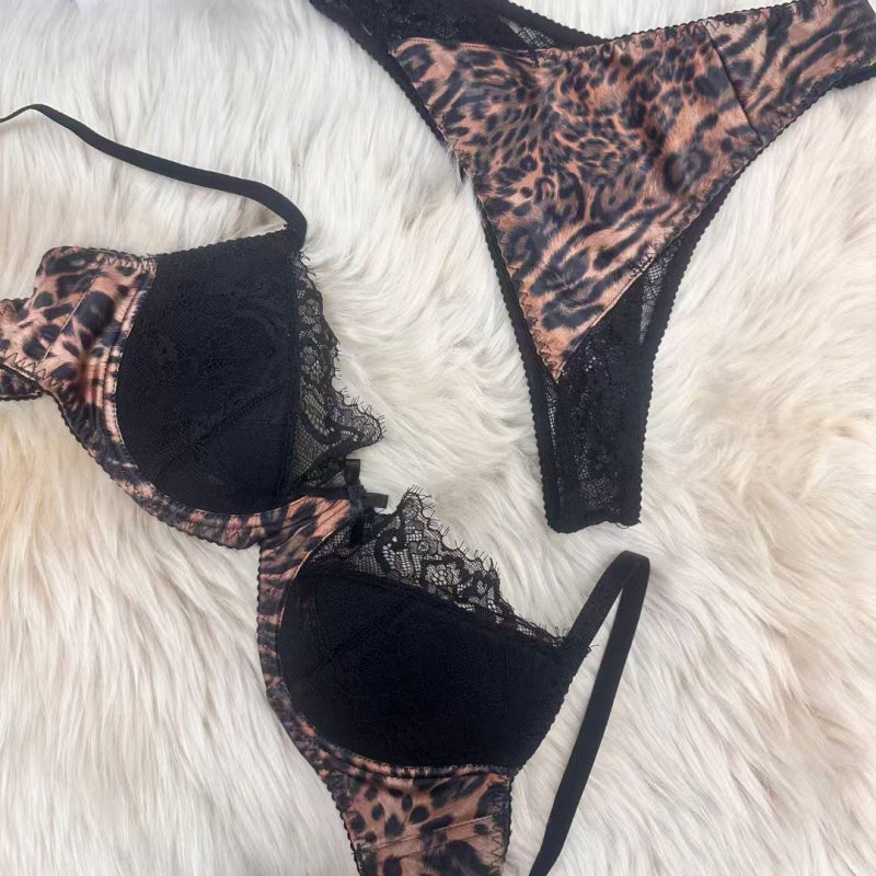 Sexy Leopard Print Thin Cotton Lace Patchwork Mesh French Lingerie Large Bust Minimizer Anti-Sagging Set