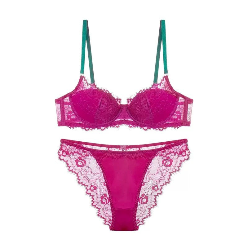 French Style Sexy Thin Dopamine Color-Block Lace Small Chest Enhancing Push-Up Set