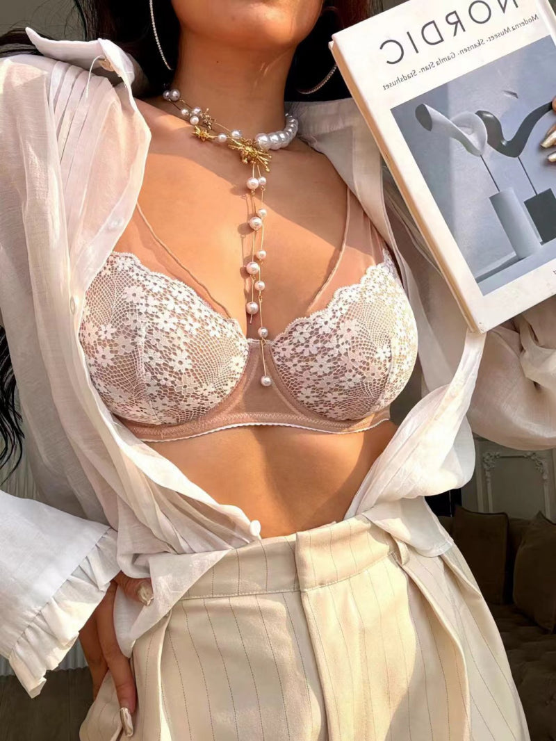 French Style Sexy Ultra-Thin Retro Color-Block Floral Embroidery Lace Large Bust Minimizing Lingerie Set