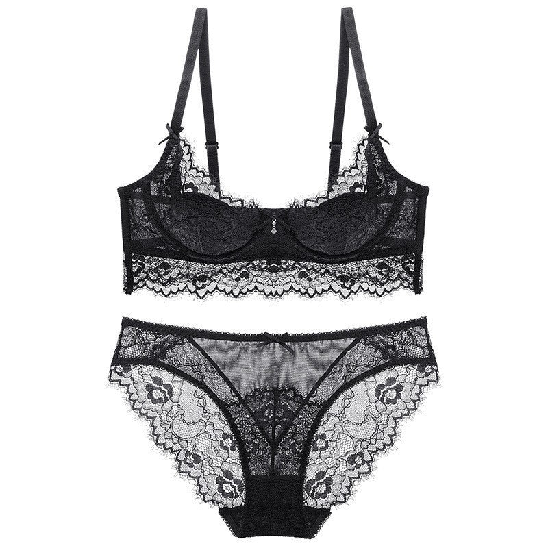 Sexy Eyelash Lace Thin Bunny Ear Cup French Style Large Bust Minimizer Plus Size Bra Set