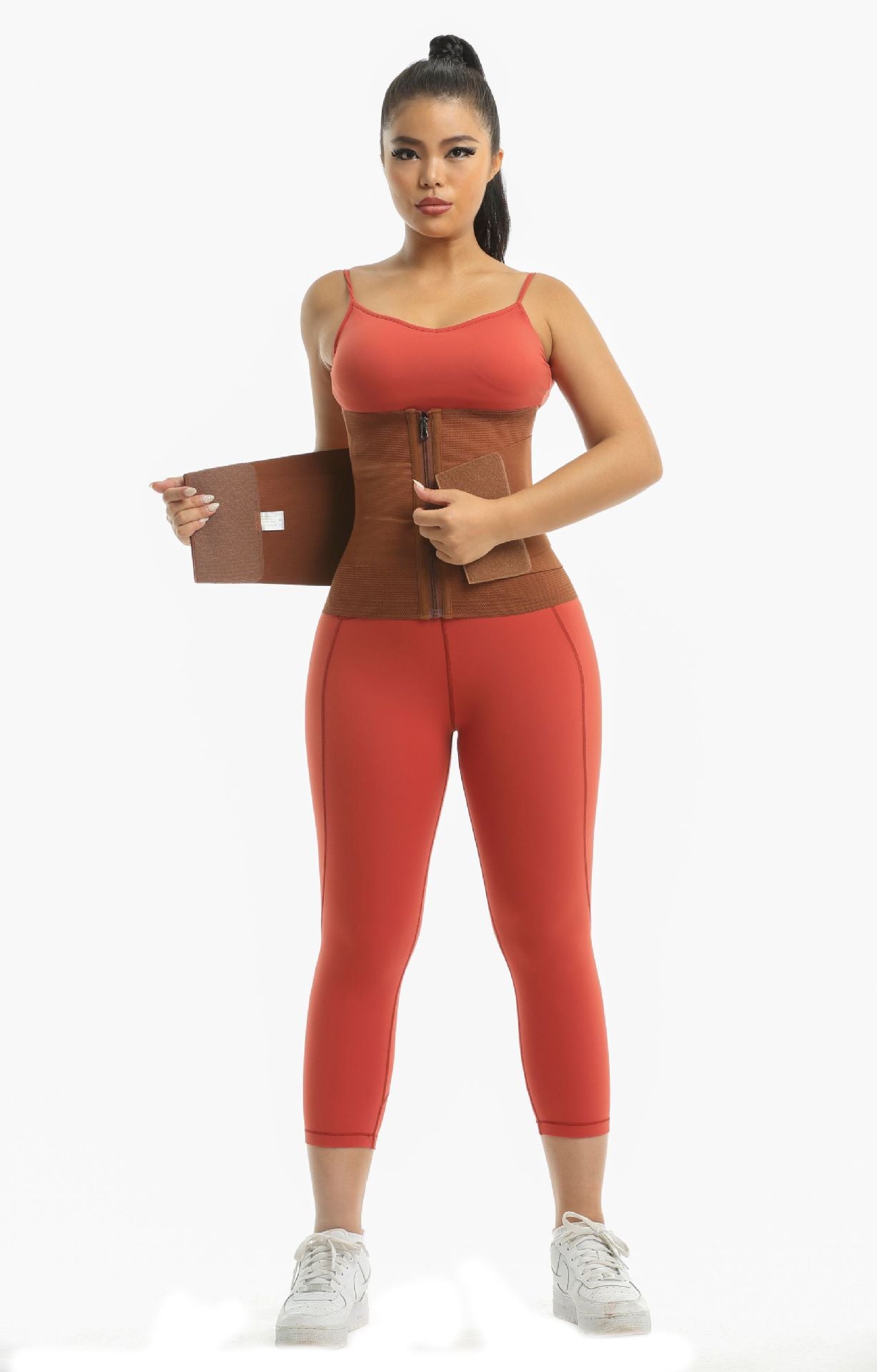 Women's Fitness Waist Trainer Belt Zipper Style Brown Double Layer Compression