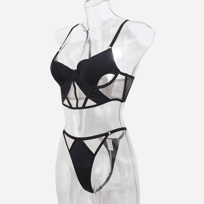 Sexy French Style Lingerie Thin Cotton Sheer Mesh Fishbone Design Side Breast Support Anti-Sagging Set