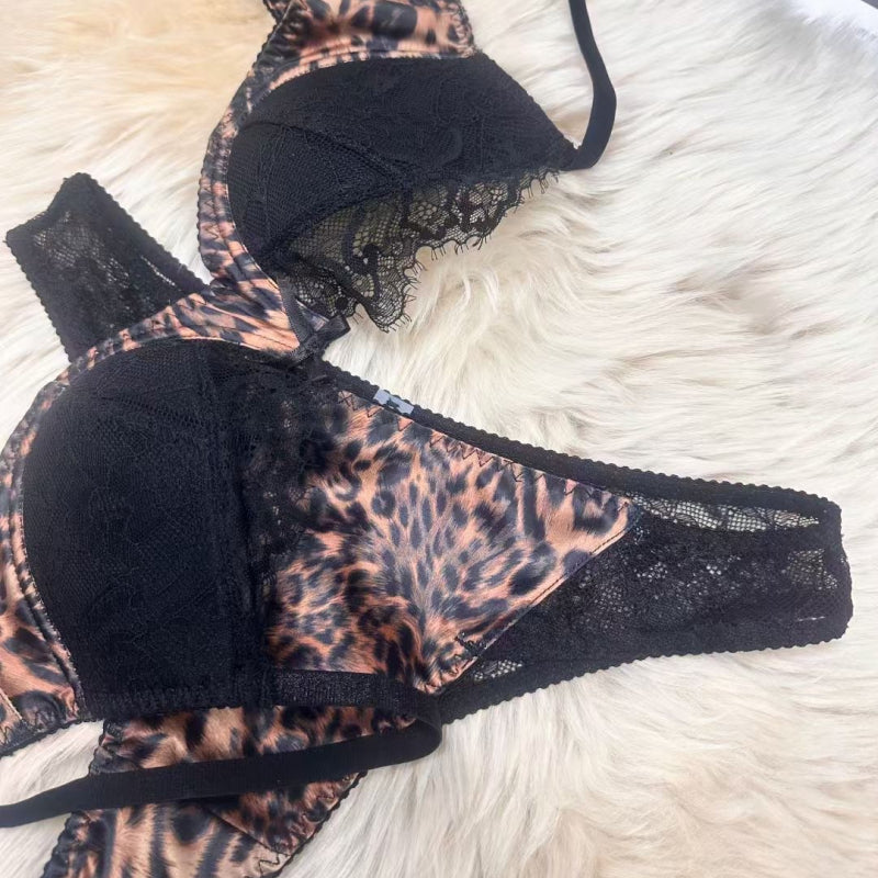Sexy Leopard Print Thin Cotton Lace Patchwork Mesh French Lingerie Large Bust Minimizer Anti-Sagging Set