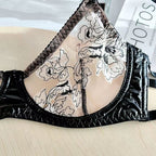 Sexy Ultra-Thin See-Through Embroidered Lace Leather Uniform Temptation Big Chest Minimizer Three-Piece Set