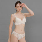 French Style Sexy Lace Thin Triangle Cup Wireless Push-Up Small Chest Lift Set