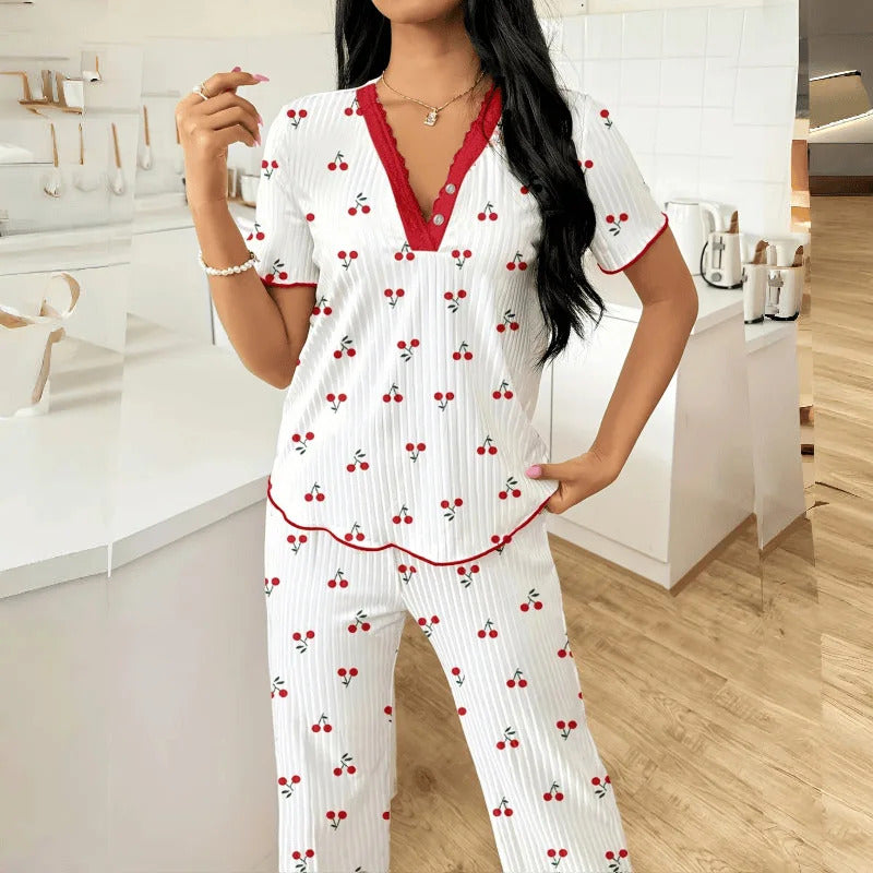 Pajamas Suit Women Sleepwear 2 Piece Sets Top Pants Short Sleeve Print V Neck Loungewear Summer Nightwear Trousers Outfits