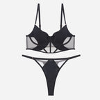 Sexy French Style Lingerie Thin Cotton Sheer Mesh Fishbone Design Side Breast Support Anti-Sagging Set