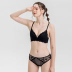 French Style Sexy Lace Thin Triangle Cup Wireless Push-Up Small Chest Lift Set