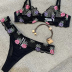 Women's Ultra-Thin See-Through Pineapple Embroidery Lace Bra Set for Large Busts, Minimizing and Anti-Sagging