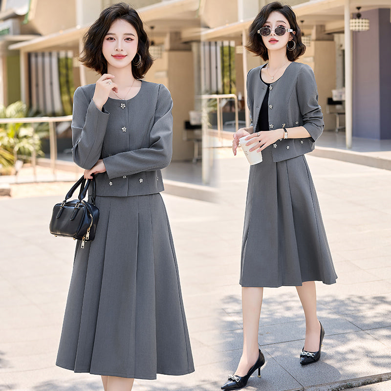 2025Autumn New Fashionable Elegant Slim Fit Round Neck Two-Piece Dress Set