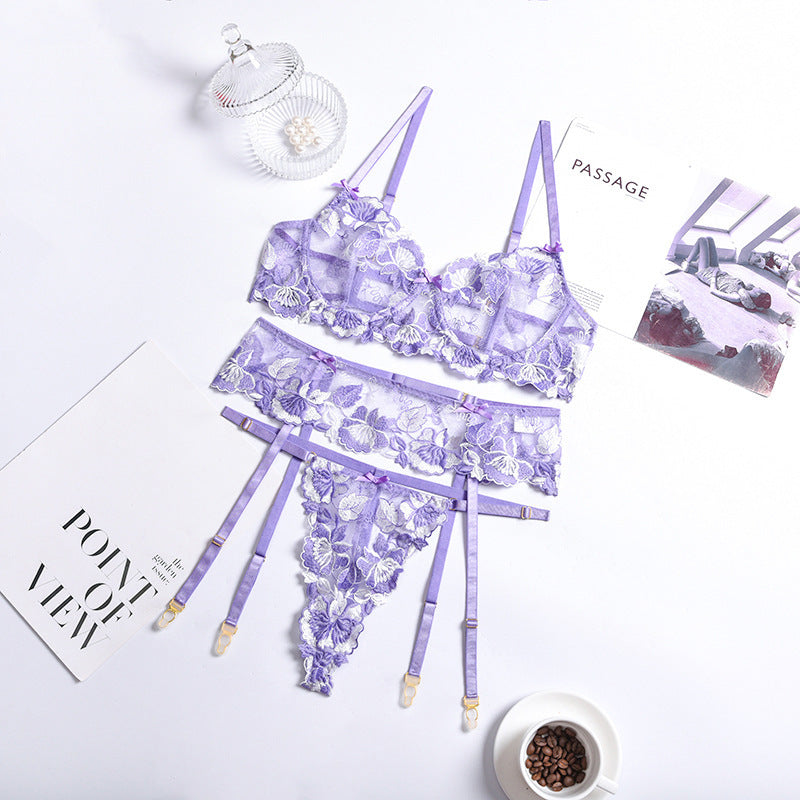 Cross-border supply European and American Foreign Trade Sexy Lingerie Sexy Women's Hollow Flower Bra Lace Trim Bowknot