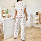 Pajamas Suit Women Sleepwear 2 Piece Sets Top Pants Short Sleeve Print V Neck Loungewear Summer Nightwear Trousers Outfits