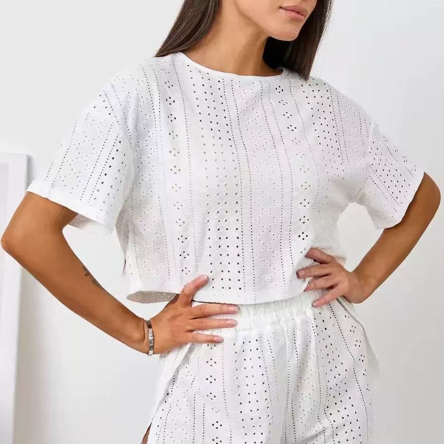 Cross-Border Live Streaming European and American Style Comfortable Loose Solid Color Hollow Out Pajamas Short Sleeve Shorts Two-Piece Plus Size Women's Homewear