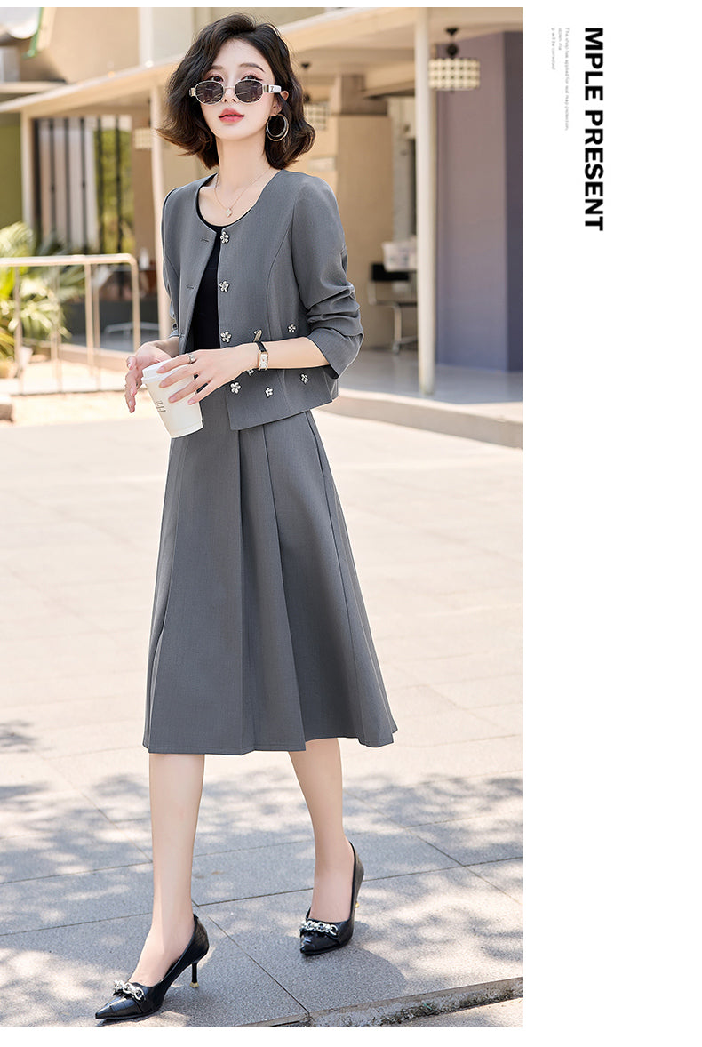 2025Autumn New Fashionable Elegant Slim Fit Round Neck Two-Piece Dress Set