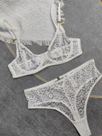 French Style Women's Ultra-Thin See-Through Jacquard Lace Sexy Lingerie Set for Large Busts, Minimizing and Anti-Sagging