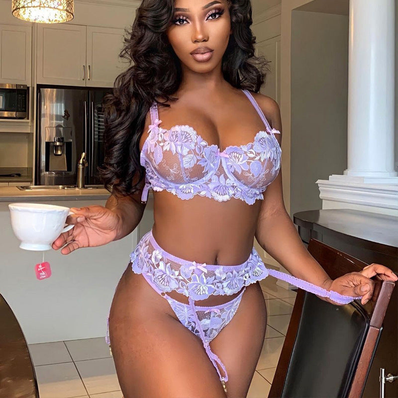 Cross-border supply European and American Foreign Trade Sexy Lingerie Sexy Women's Hollow Flower Bra Lace Trim Bowknot