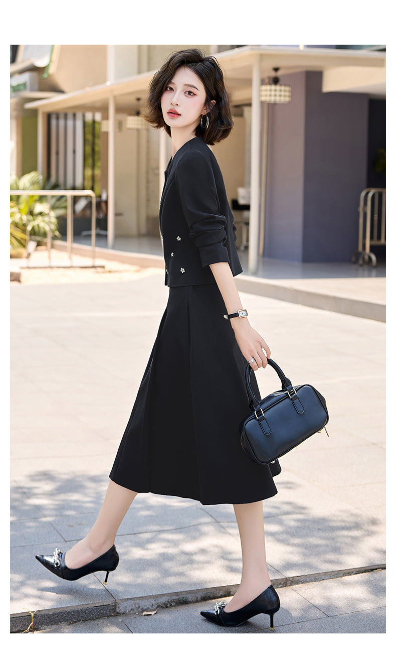 2025Autumn New Fashionable Elegant Slim Fit Round Neck Two-Piece Dress Set