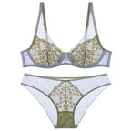 French Style Sexy Ultra-Thin Retro Color-Block Floral Embroidery Lace Large Bust Minimizing Lingerie Set