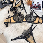 Sexy Lingerie French Style Ultra-Thin Lace Big Chest Minimizer Red Garter Belt Three-Piece Set