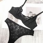 Sexy Lingerie French Style Summer Ultra-Thin See-Through Lace Lingerie Large Bust Minimizer Plus Size Erotic Bra Set