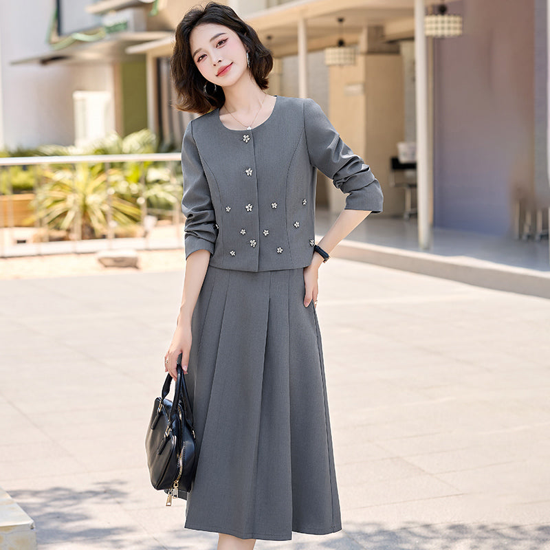 2025Autumn New Fashionable Elegant Slim Fit Round Neck Two-Piece Dress Set