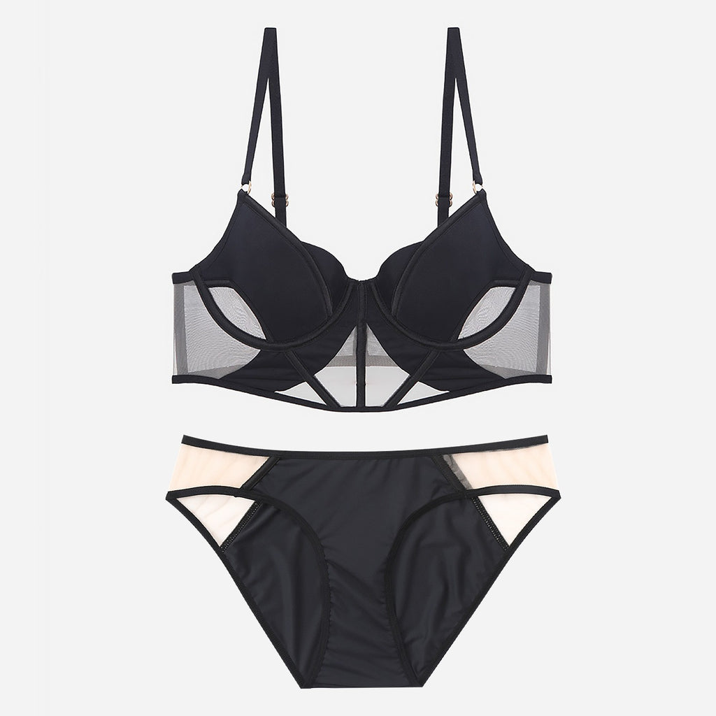 Sexy French Style Lingerie Thin Cotton Sheer Mesh Fishbone Design Side Breast Support Anti-Sagging Set