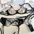 Sexy Ultra-Thin See-Through Embroidered Lace Leather Uniform Temptation Big Chest Minimizer Three-Piece Set