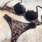 Sexy Leopard Print Thin Cotton Lace Patchwork Mesh French Lingerie Large Bust Minimizer Anti-Sagging Set