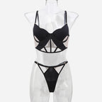 Sexy French Style Lingerie Thin Cotton Sheer Mesh Fishbone Design Side Breast Support Anti-Sagging Set