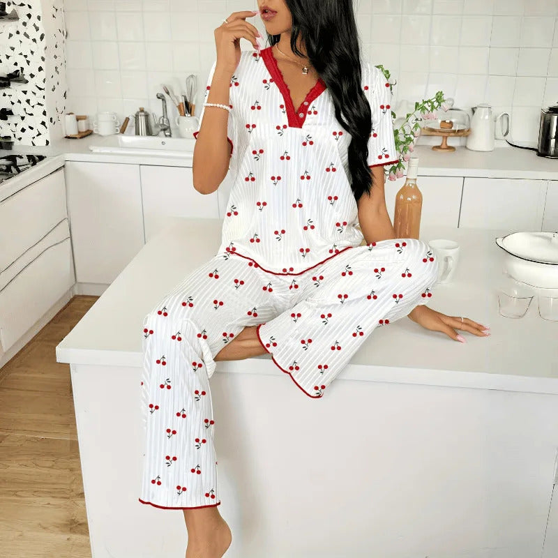 Pajamas Suit Women Sleepwear 2 Piece Sets Top Pants Short Sleeve Print V Neck Loungewear Summer Nightwear Trousers Outfits